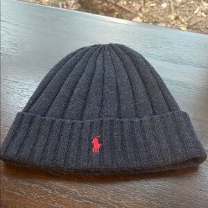 Polo by Ralph Lauren Navy Blue Knit Beanie with Red Logo.   Toboggan style.